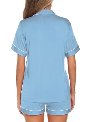 Image of Aamikast Button Up Pajama Set for Women Shorts Short Sleeve Knit Sleepwear 2 Pice Pjs Sets