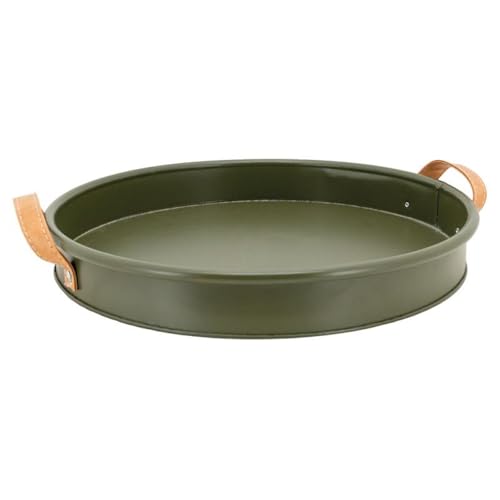 AUBRY GASPARD - Plateau Métal Kaki - Collection Cargo - Ø 37 cm x H 5 cm - Anses Brunes Polyuréthane - Finition Mat - Idéal Service Table - Poids 0,60 kg