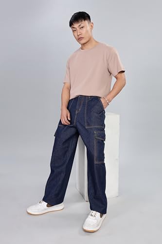 Image of INKD Men's Cargo Baggy Jeans - Mid-Rise | 100% Cotton | Contrast Stitch| 6 Pocket Styling | Baggy Jeans for Man | Loose fit & Comfortable (Available in Plus Sizes)