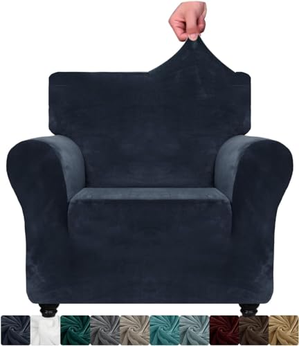 XINEAGE 1 Piece Velvet Chair Slipcovers for Living Room High Stretch Chair Covers with Arms Anti Slip Pets Friendly Couch Sofa Armchair Cover Furniture Protector (1 Seater, Navy)