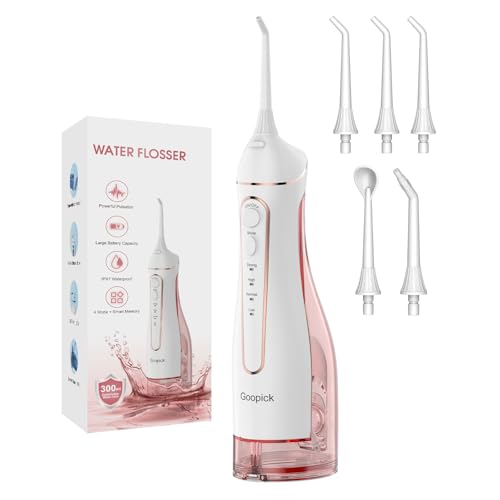 Cordless Portable Water Flosser with 300ML Tank: Rechargeable Oral Irrigator with 5 Tips for Travel Braces Care and Sensitive Gums IPX7 Waterproof Teeth Cleaning Device(Pink)