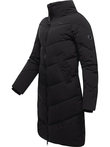 Ragwear Damen Wintermantel warmer wasserdichter Steppmantel lang mit abnehmbarer Kapuze Rebelka Black22 Gr. L