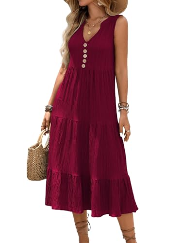 Image of HELYO Women's Casual Summer Dress 2026 Sleeveless V Neck Button Beach Sundress Tiered Ruffle Flows Skirt Midi Dresses