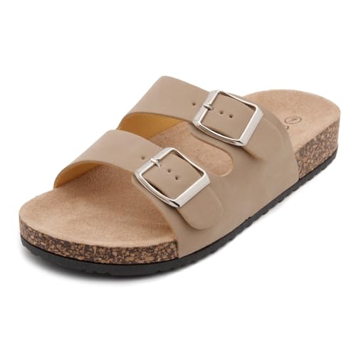 Image of Herstyle Womens Cork Footbed Slides for Women, Double Strap Flat Sandals, Adjustable Buckle Comfort Slip On Shoes, Summer Beach Casual Walking Slippers