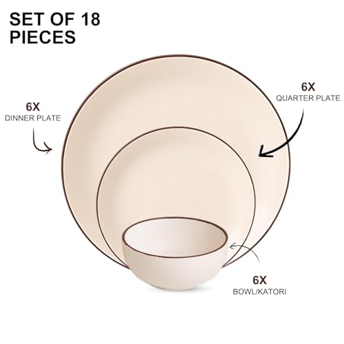 Image of Hand Painted Ceramic Dinner Set of 18 Pcs | 6 Stoneware Dinner Plates (10.6 Inch), 6 Small Plates (7.4 Inch) and 6 Katori (3.93 Inch and (170 Ml)