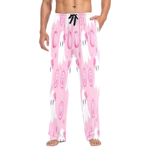 Qilmy Halloween Pink Ghosts Men's Cotton Pajama Pants, Lightweight Lounge Sleepwear with Drawstring and Pocket