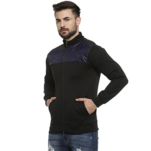 Image of Campus Sutra Men's Black Solid Colour-BlockedRegular Fit Cotton Jacket For Winter Wear | Standing Collar | Full Sleeve | Zipper | Casual Jacket For Man | Western Stylish Jacket For Men