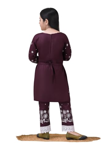 Image of Girls Traditional Rayon Salwar Suit Set with White Embroidery, 3-Piece Ethnic Wear with Lace Detail and Floral Pattern