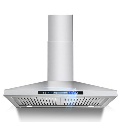 SNDOAS Wall Mount Range Hood 30 inch with Touch and Gesture Sensing Control,Chimney-Style Stainless Steel Range Hood,Vent Hood 30 inch Ducted/Ductless Convertible Kitchen Hood,Baffle Filters