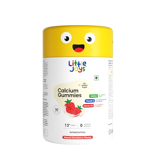 Image of Little Joys Calcium & Vitamin D Gummies for Kids (13+ years) With No Sugar Added | For Stronger Bones, Joints, Teeth & Immunity | Strawberry Flavour | 30 Gummies