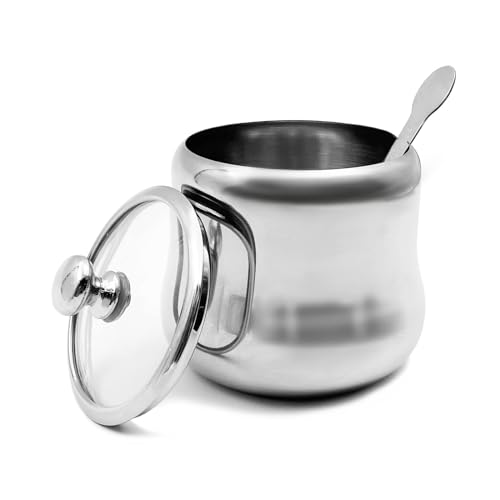 XHKDSYMC 300ml Stainless Steel Sugar Bowl with Lid and Spoon 10 OZ Coffee Seasoning Jar Condiment Pot Spice Container Canister Cruet with Lid and Spoon (Style B)