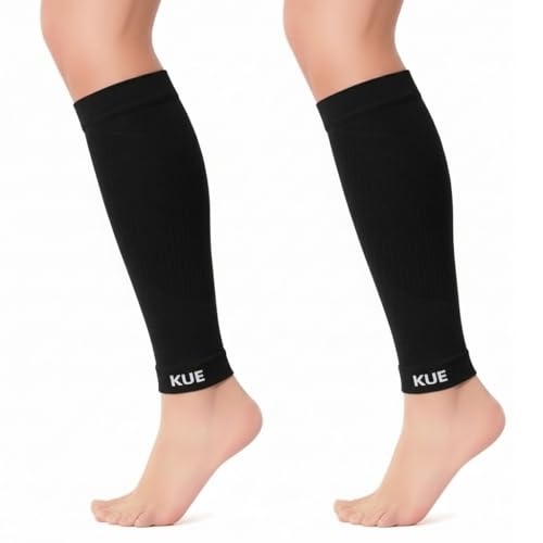 Image of KUE Compression Calf Sleeve | Men & Women|Gym, Sports & Fitness|Calf Support, Blood Circulation, Swelling, Shin Splints, Varicose Veins, Recovery|Pack of 2| (L /XL, Black /Black)
