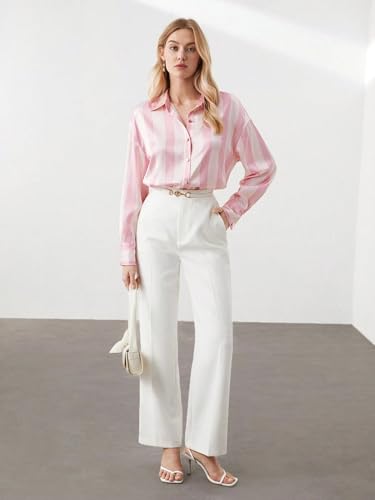 Image of IndoPrimo Women's Satin Shirt with Long Sleeves Western Style Spread Collar Neck Relaxed Fit Stripe Printed Pattern and Standard Length