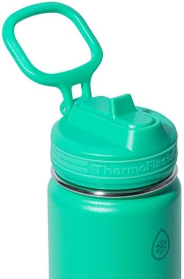 ThermoFlask Leakproof Straw Bottle, 16 fl oz, Double-Wall Vacuum Insulated, 18/8 Stainless Steel, Glow in the Dark Bumper,Green&Blue, Set of 2