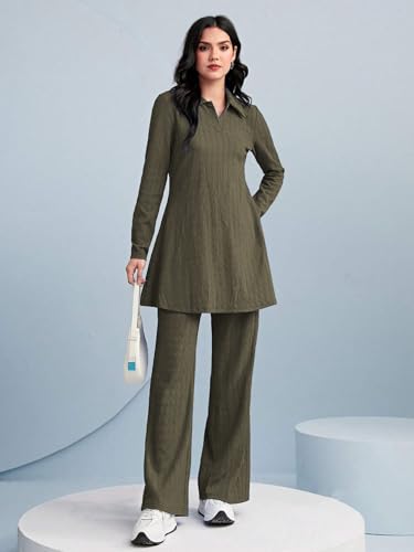 Image of TADKEE Women's Solid Color Two-Piece Set | Long Sleeve Top & Wide Leg Pants Co-ord Set | Casual Wear Co ord Set