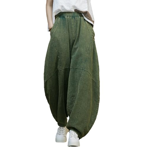 LUZU JUNU Women's Vintage Cotton Linen Baggy Pants Elastic Waist Wide Leg Lantern Casual Trousers Loose Fit