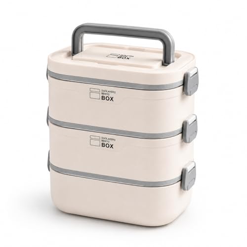 Image of YELONA Stainless Steel Double-Layer Bento Box for Office & School - Leak-Proof Insulated Lunch Container with Hot Water Heating Feature - 2400ML, Cream