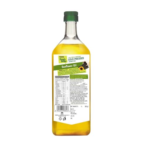 Image of Tata Simply Better Pure & Unrefined Cold Pressed Sunflower Oil, Hexane Free, Kolhu /Chekku, Cholesterol Free, Provides 6 Omega 6 PUFA, Contains Natural Antioxidants, For All types of Cuisines, 1L