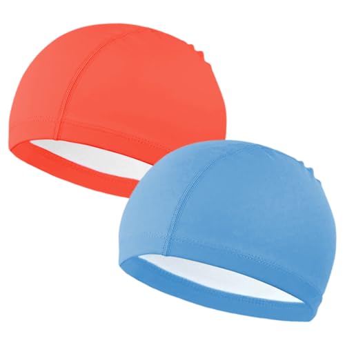2 Gorros de natación Unisex de Tela Impermeables para Cabello Largo y Corto (Naranja y Azul)