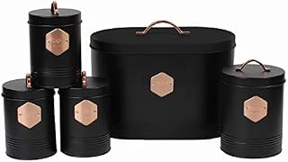 Neo Matte Matt & Copper Metal Badge 5 Kitchen Countertop Canisters Jars Tins Set Tea Coffee Sugar Biscuit Bread Bin Box Food Storage Organiser (Black)
