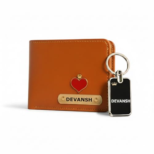 Image of Personalized Vegan Leather Wallet for Men with Name & Charm | Customised Wallets for Man Gift for Boyfriend Birthday | Free Metal Name Engraved Keychain - Tan
