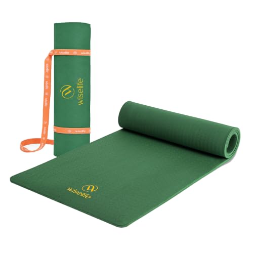 Image of WiseLife Classic Eco-TPE 10 MM Yoga Mat with Yoga Strap for Men & Women | Extra Thick, Long & Wide Non-Slip, Anti-Tear Exercise Mat for Home, Gym, Workout, Fitness, Yoga & Pilates (Green)