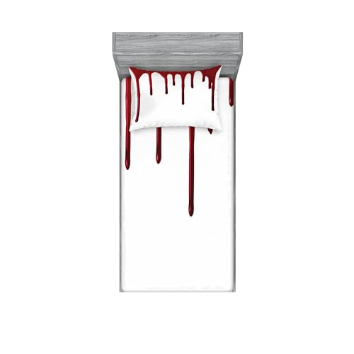 Ambesonne Horror Fitted Sheet & Pillow Sham Set, Flowing Blood Horror Spooky Halloween Zombie Scary Help Me Themed Illustration, Decorative Printed 2 Piece Bedding Decor Set, Twinxl, Red White