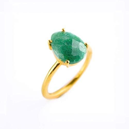 Danique JewelryProng Set Stacking Ring, Natural Gemstone Teardrop Shaped Ring, Sterling Silver, Vermeil Gold, or Rose Gold Stackable Ring (Raw Emerald)