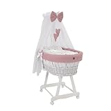 Wiklinopol Couffin Bébé avec Ciel de Lit – Berceau à roulettes en Osier avec Support – Ensemble Complet en Blanc avec 5 Pièces de Linge Nid d’Abeille Motif Lapin Rose