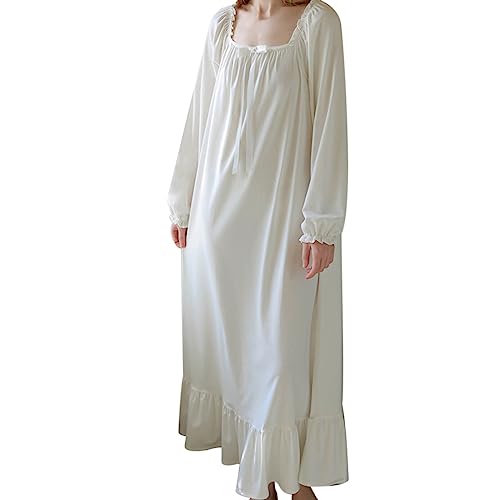 Generisch Camisón victoriano para mujer, estilo vintage, vestido de pijama de algodón suave, vestido de salón para mujer, manga larga, ropa de dormir ligera, elegante, monocolor, suelto, ropa de