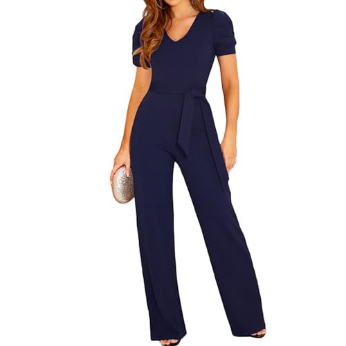 Coloody Damen Lang Jumpsuit Overall Hosenanzug V Ausschnitt Elegant Romper Kurzarm Rundhals Playsuit mit Gürtel Hosenanzug Breite Weites Bein Overall Coloody Damen Lang Jumpsuit Overall Hosenanzug V Ausschnitt Elegant Romper Kurzarm Rundhals Playsuit mit Gürtel Hosenanzug Breite Weites Bein Overall