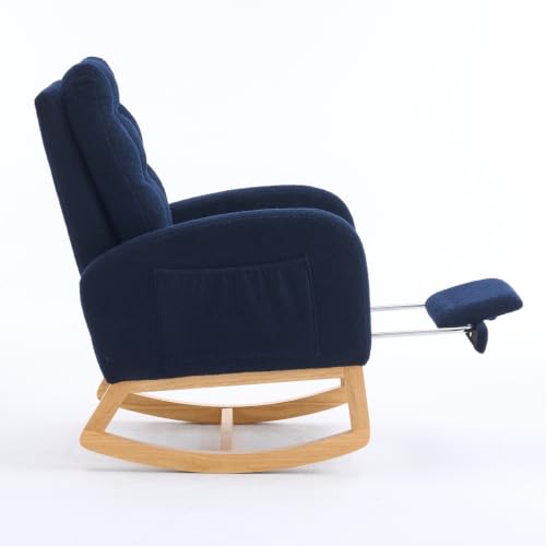 Image of Nursery Rocking Chair with Foot Rest, Teddy Upholstered Glider Chair with Side Pocket, Comfy Rocker Accent Armchair, Modern High Back Rocking Chairs for Living Room, Bedroom, Navy