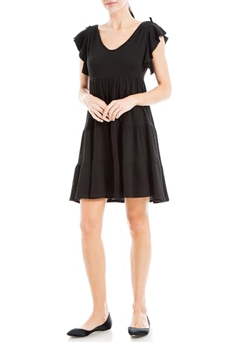 Max Studio Women's Jersey Ruffle Sleeve Tiered Short Dress, Black-0T73, Extra Large