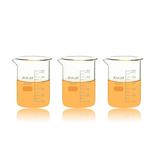 ULAB Scientific Glass Beakers, Vol. 600ml, 3.3 Borosilicate Griffin Low Form with Printed Graduation, Pack of 3, UBG1039