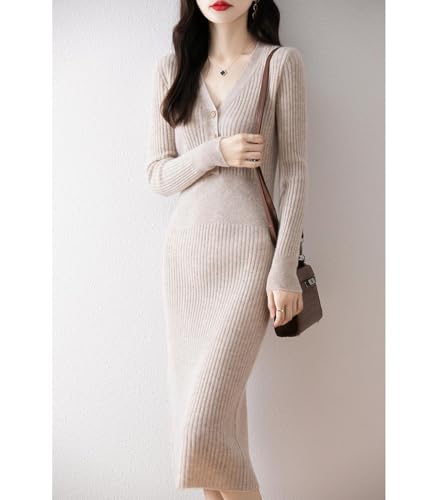 100% Merino Wool Sweater Dress Women's Knitted Button V Neck Pullover Fall Winter Slim Long Tops3