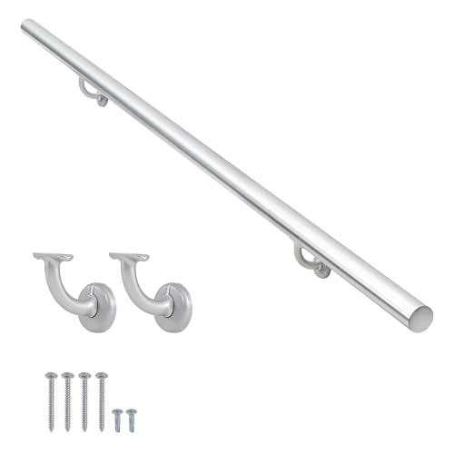 PICESA 9FT Modern Aluminum Handrail Set, handrails for Indoor Stairs,Deck,Slope, Wall Mounted Staircase handrails, Zink Alloy Brackets Included,Rust Free. (Anodized Silver, 9 FT)