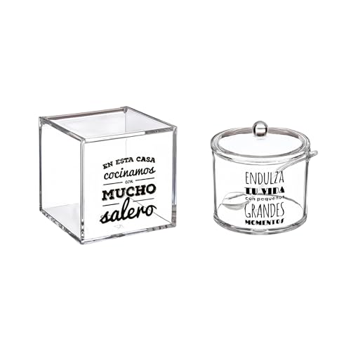 DAMDAM GO Salero y Azucarero de Cocina Super Original Acrilico Diseño Frases, Juego de Sal y Azúcar con Tapa (Mucho Salero)