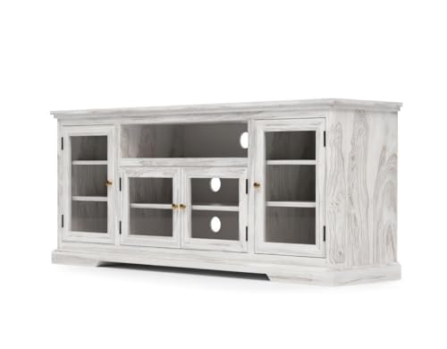 Image of Sheesham Solid Wood TV Cabinet for Living Room | Handcrafted Wooden TV Unit with Storage | Elegant Entertainment Stand for Modern Homes (Glass Tv Cabinet, Rustic White)