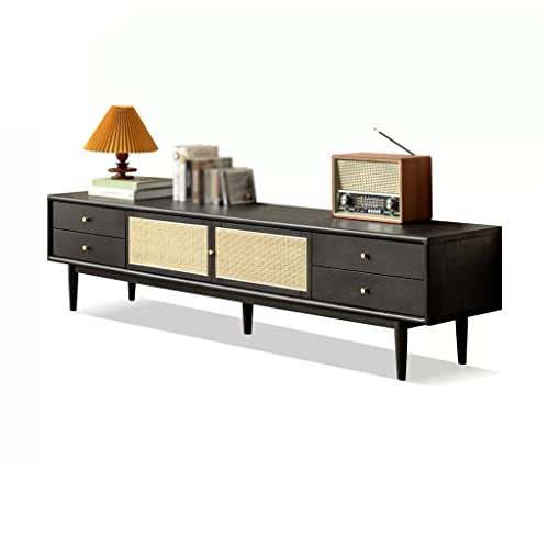 Soporte para Mueble de TV Ratán Mueble de TV Sala de estar Media Consola Centro de Entretenimiento con 6 Cajas de Almacenamiento Retro Negro Mueble de TV