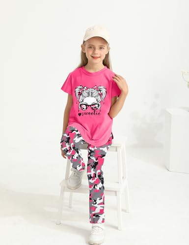 Image of Girls Outfits Short Sleeve Irregular Tops + Camouflage Long Legging Outfits 2PCs Summer Pant Sets 6-14T