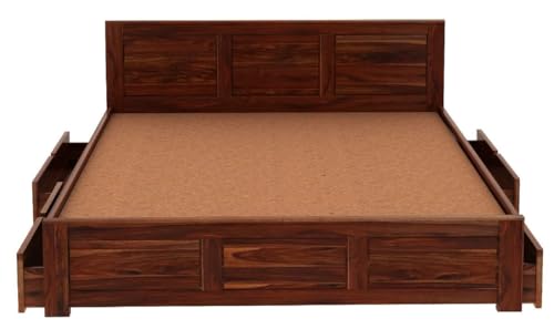 Image of WOODLAB Furniture Solid Sheesham Wood Queen Size Bed with 4 Side Drawer Storage | Wooden Double Bed Cot for Bedroom | Modern Wooden Palang Bed Furniture for Home | Honey Finish