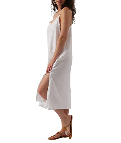 Image of Amazhiyu Women's Pure Linen Summer Midi Split Slip Dress | V Neck, Spaghetti Strap, with Pockets