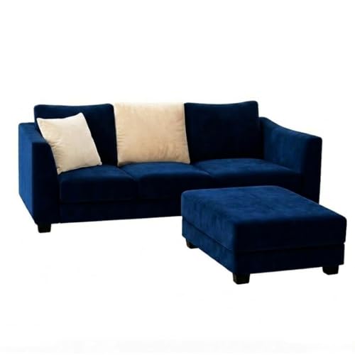 Image of SOCOZI Trevano 4 Seater L Shape Sofa Set with Movable Ottoman | Flexible Left or Right Layout | Soft Velvet Suede Fabric | Modern Design | Plush Comfort Cushions for Living Room (Dark Blue-Cream)