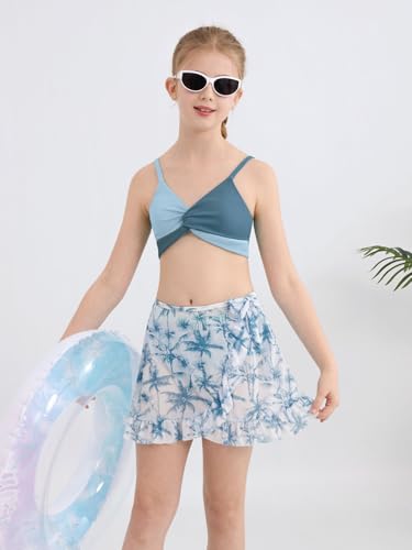 ESHOO Girls Swimsuits 3 Piece Bikini Bathing Suit Twist Cross Swimwear with Cover Up Beach Skirt Teen Girls for 9-16Y2