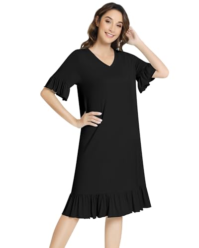 Image of NACHILA Bamboo Viscose Nightgowns for Women Short Sleeve V Neck Sleepwear