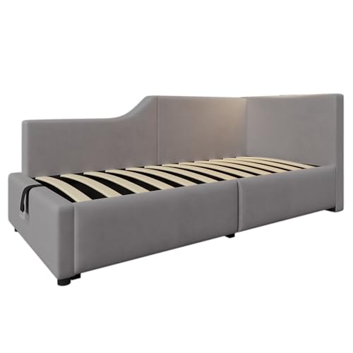 LuxeLiving Polsterbett 90x200 cm Tagesbett, Bettgestell mit hydraulischem Stauraum, Leselicht, Ladefunktion, Jugendbett Kinderbett Einzelbett Schlafsofa mit Lattenrost, Grau, Ohne Matratze