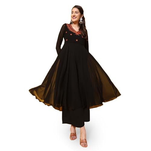 Image of Poshak Hub Women Green Ethnic Motifs Aari Work Georgette Anarkali Kurta