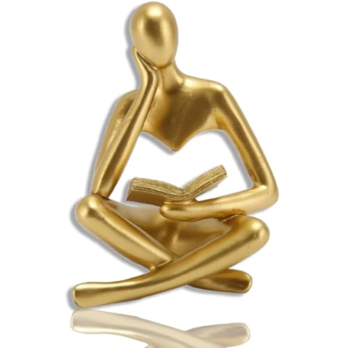 Jwthee Decorazione del pensatore del libro di lettura, Statua del pensatore in resina moderna Scultura di arte astratta Scultura del pensatore seduto e di lettura Ornamento per mensole (Gold)
