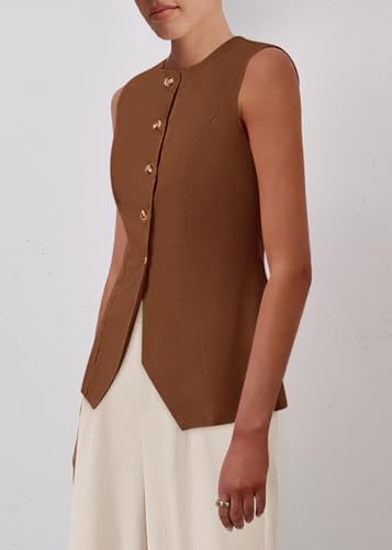 KIRUNDO Vest Tops for Women Trendy Dressy Business Casual Outfits 2026 Summer Sleeveless Fitted Blazer Work Suit Waistcoat(Brown, Small) — view 5