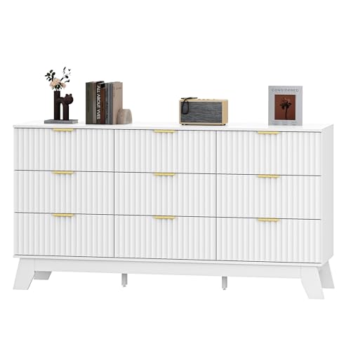 Image of Fluted Dresser for Bedroom with 9 Drawers, 57 inch White Dressers & Chest of Drawers, Mid Century Modern Dressers TV Stand, Boho Wood Dresser for Closet Wide Storage Organizer for Living Room, Hallway